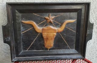 Vtg Brandt Ranch Oak Longhorn And Texas Star Two Tone Steer Tray