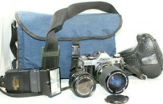 Canon Ae - 1 Camera Sunpak 933 2 Lenses Fotima Bag 1 Flash Ae 1 Vintage