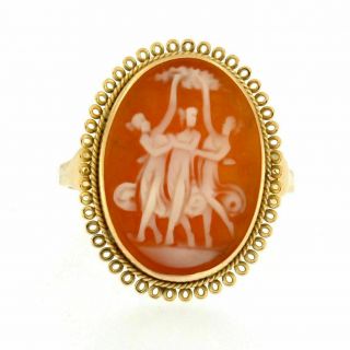 18k Gold Three Graces Carnelian Hand Carved Shell Cameo Victorian 1830s Ring