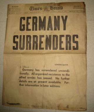 FULL PAGE ADOLF HITLER POSTER ANTIQUE WORLD WAR 2 GERMANY SURRENDERS NEWSPAPER 2