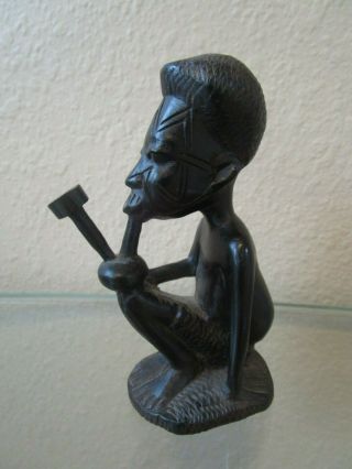 Vintage African Ebony Wood Hand Carved Statue Smoking A Pipe Hookah