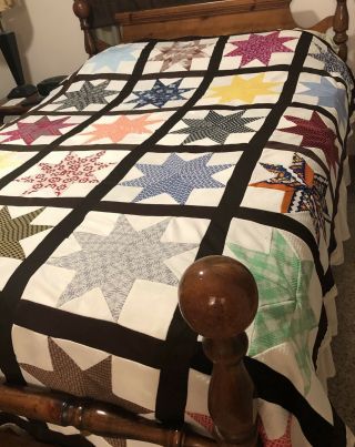 Hand Stitched Quilt Top,  Star,  96” X 82”,  30 Large Blocks,  Queen Vintage