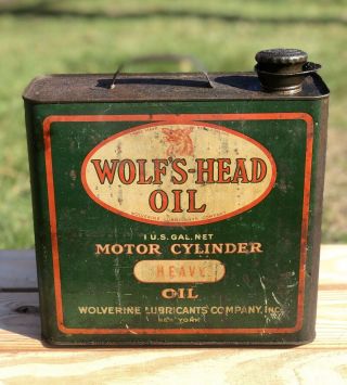 Vintage 1 Gal Wolf’s Head Wolverine Motor Oil Can Gas Service Station Sign
