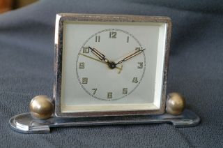 Vintage French Art Deco Clock Chrome Stepped Base Brass Balls & Skyscraper Arms