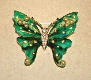 Vintage Trifari Signed Faux Pearl Rhinestone Green Enamel Butterfly Brooch Pin