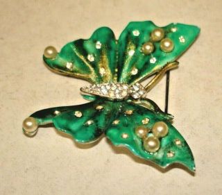Vintage Trifari Signed Faux Pearl Rhinestone Green Enamel Butterfly Brooch Pin 2