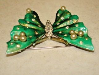 Vintage Trifari Signed Faux Pearl Rhinestone Green Enamel Butterfly Brooch Pin 3
