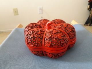 Vintage Chinese Red Cinnabar Hand Carved Flowers Pumpkin Shaped Jewelry Box