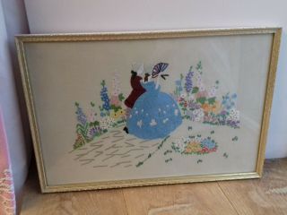 Vintage Crinoline Lady And Her Beau Embroidered Picture,  Garden