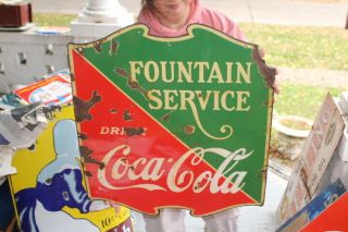 Vintage 1930 Coca Cola Fountain Service Soda Pop 2 Side 26 " Porcelain Metal Sign