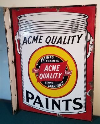 Vintage Acme Quality Paints Thick Porcelain Double - Sided Flange Sign 20 "