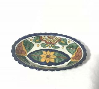 Mexican Talavera Oval Bowl Hand Made Floral Cobalt