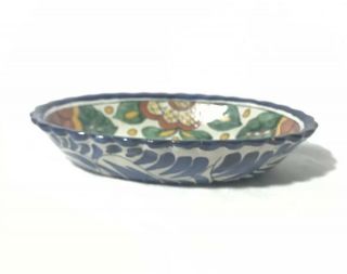 Mexican Talavera Oval Bowl Hand Made Floral Cobalt 3