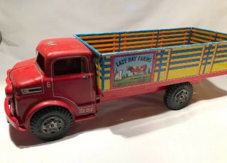 Vintage 50s Marx Lumar Lazy Day Farms Stake Dairy Truck Tin Litho Toy 18 " Steel