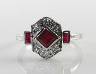 Class 9k 9ct White Gold Ruby Diamond Art Deco Ins Ring Resize