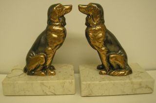 French Art Deco Spelter Spaniel Dog Bookends On Marble Stand