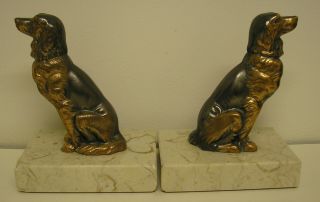FRENCH ART DECO SPELTER SPANIEL DOG BOOKENDS ON MARBLE STAND 2