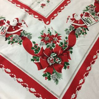 Vtg Tablecloth Christmas Crisp White Santa Reindeer Bows 65x51 " Holiday Cot Chi