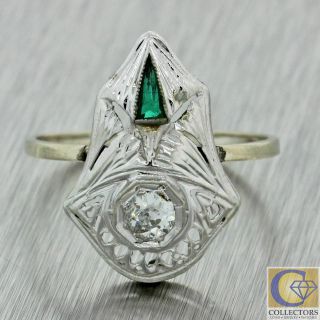 1930s Antique Art Deco 14k Solid White Gold.  20ct Diamond Emerald Ring