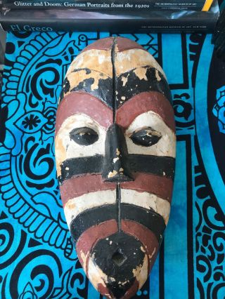 Vintage Distressed African Wood Carved Mask Wall Hanging