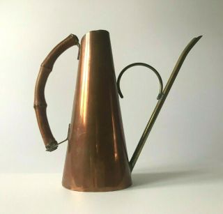 Vintage Danish Mid - Century Modern Copper Brass Watering Can W Wood Bamboo Handle