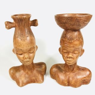 Nigerian Boy & Girl Clay Pottery Set Of 2 Handmade African Tribe