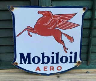 Old Vintage 1940 Mobiloil Aero Porcelain Gas Station Pump Sign