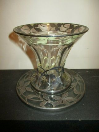 1900 Antique Art Nouveau Glass W/ Sterling Silver Overlay Vase & Saucer Estate