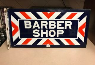 1930’s Marvy Porcelain 24” Barber Shop Flanged Double Sided Sign,  Exc Cond