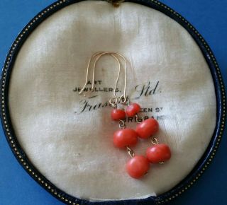 Antique Victorian Hand Carved Natural Coral Large Bead,  9ct Gold Drop Earrings.