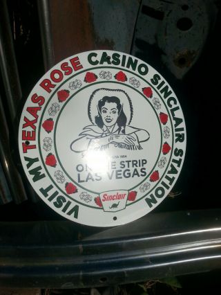 Vintage 1954 Porcelain Sign Sinclair Vegas Strip Gas Texas Rose Casino Dino Nos