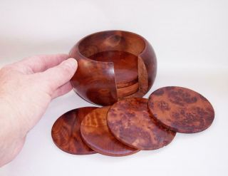 Vintage Art Deco Burr/burl Wood 10 Wooden Coasters And Holder