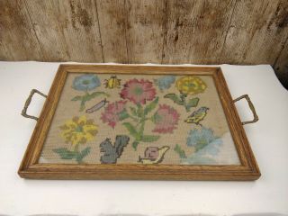 Antique Vintage Victorian Woolwork Sampler Withing Glazed Tray 39 X 29cm Animals