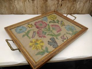 Antique Vintage Victorian Woolwork Sampler Withing Glazed Tray 39 x 29cm Animals 2