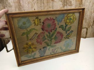 Antique Vintage Victorian Woolwork Sampler Withing Glazed Tray 39 x 29cm Animals 3