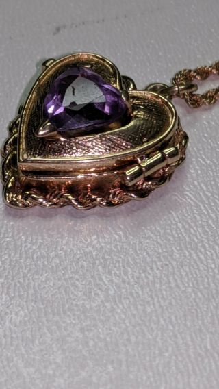Vintage 14k Yellow Gold Heart Locket With Amethyst Pendant & 14k Gold Chain