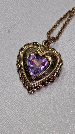 Vintage 14k Yellow Gold HEART LOCKET with AMETHYST Pendant & 14k Gold Chain 2