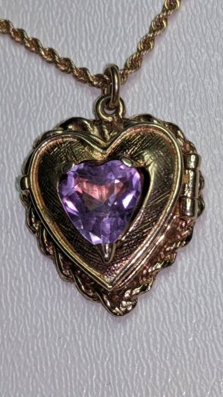 Vintage 14k Yellow Gold HEART LOCKET with AMETHYST Pendant & 14k Gold Chain 3