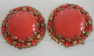 Vintage Miriam Haskell Gilt Brass Beaded Red Orange Art Glass Clip Earrings