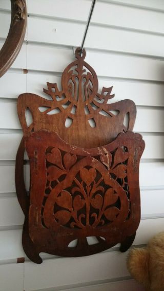 Pretty Antique Arts And Crafts Wooden Fretwork Letter Rack,  Wall Pocket
