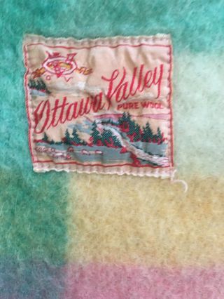 Vintage Ottawa Valley Plaid Canadian Wool Blanket 72 X 50” Teal Yellow Pink Twin