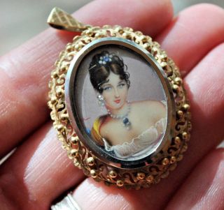 Vtg 14k Yellow/white Gold Hand Painted Portrait Cameo Pendant Brooch Signed Hil
