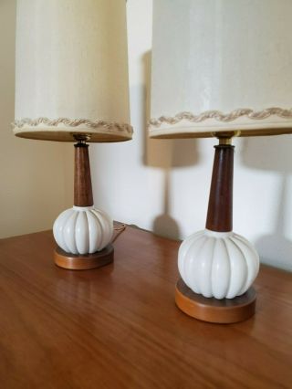 2 Vtg Small Mid Century Modern Wood & Ceramic Table Lamp Night Lights 18 "