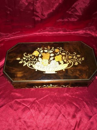Vintage Inlaid Wood Jewelry Music Box Reuge Swiss Movement Italy