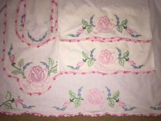 Vtg Hand Embroidered Queen Bed Sheet,  Table Runner Doilies 7pc Set Red Pink Roses