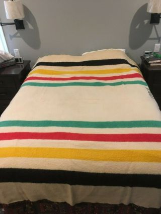 Hudson Bay Wool Blanket Vintage 4 Point Cream Colored Stripes Made In England 2