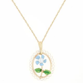 Vintage Pearl Blue Flower Pendant Necklace 20 " - 14k Gold Green Enamel Petite