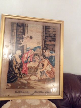Old Wool Work Tapestry,  The Birth Of Christ By Mary Ann Simpson Dated 1847