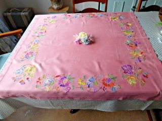 Vintage Hand Embroidered Linen Tablecloth /beautiful Jacobean/art Nouveau Design