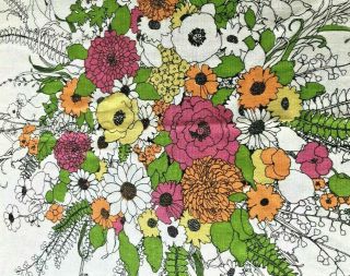 Vintage Tablecloth Bright Floral White Pink Yellow Orange Green Butterfly 72x70 "